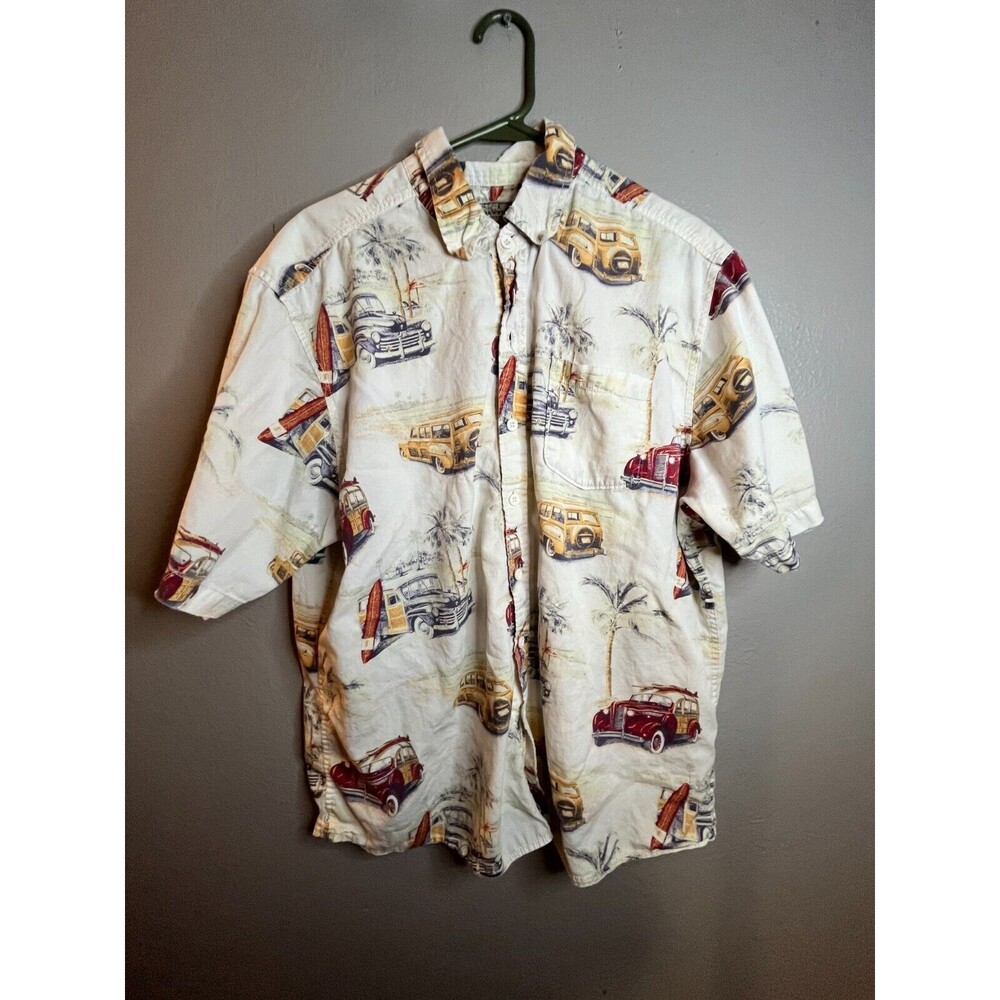 Clearwater Outfitters Shirt Men XL Beige Beach Print Cotton Hawaiian Button-Down